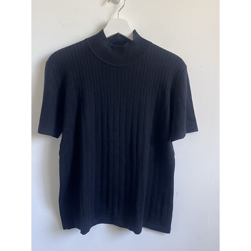 Evan Picone VTG Silk Black Top Short Sleeve Mock Neck Sz XL Minimalist Career